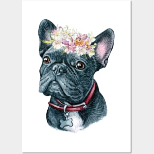 Cute Black French Bulldog with Flower Wreath Art Posters and Art